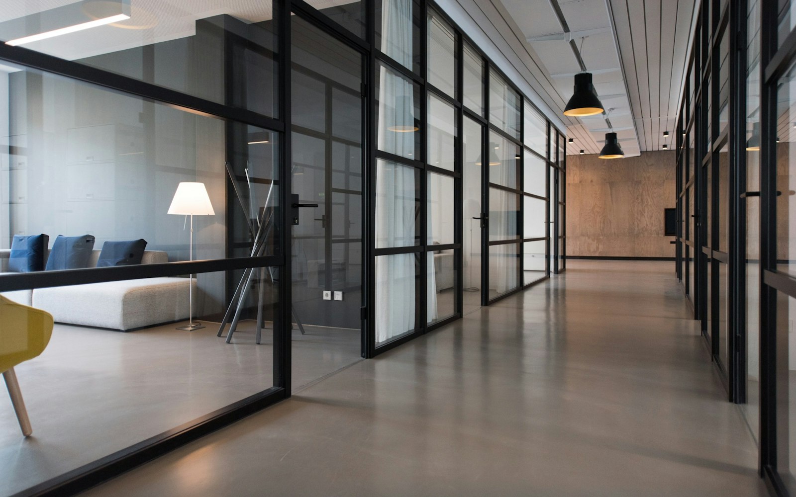 An open-plan office lined with large windows and plants